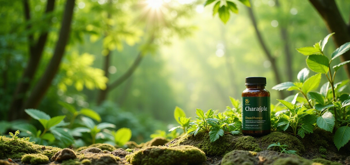 Men's energy supplement in natural forest setting